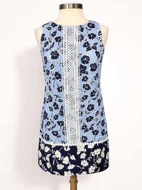 Eliza J Blue Floral Linen Blend Shift Dress with Lace Trim Size 6 Coastal